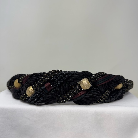 Vintage Braided Rope Belt Black Gold Beaded Statement Belt Boho